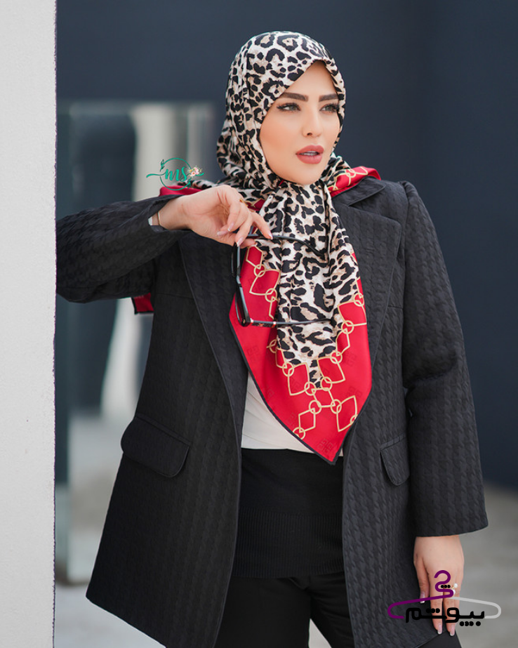 روسری ابریشم ژاکارد طرح پلنگی جیوانجی رنگ مشکی قرمز